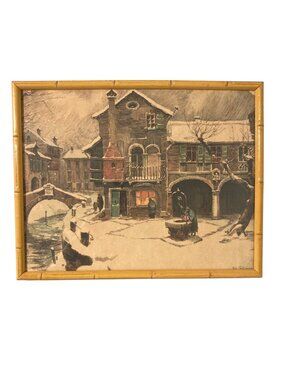 Vintage Winter Village Scene Print With Bamboo Style Frame